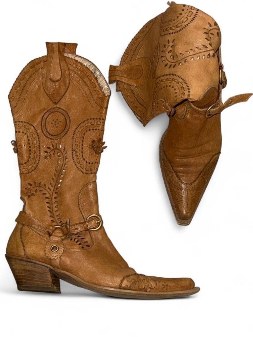 Vintage Made in Italy Tooled Leather Western Boots | Floral Cutout | EU 37